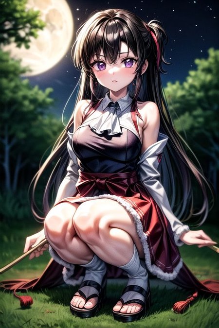 masterpiece,  best quality 1girl Setsun4 solo long hair,  (night time) forest background black hair very long hair purple eyes multicolored hair armor (fur trim) (medium body),<lora:EMS-179-EMS:0.800000>,<lora:EMS-293862-EMS:0.800000>ascot, bare shoulders, black footwear, detached sleeves, embellished costume, frills, japanese clothes, nontraditional miko, red skirt, sandals, sarashi, skirt, socks, armor, miko