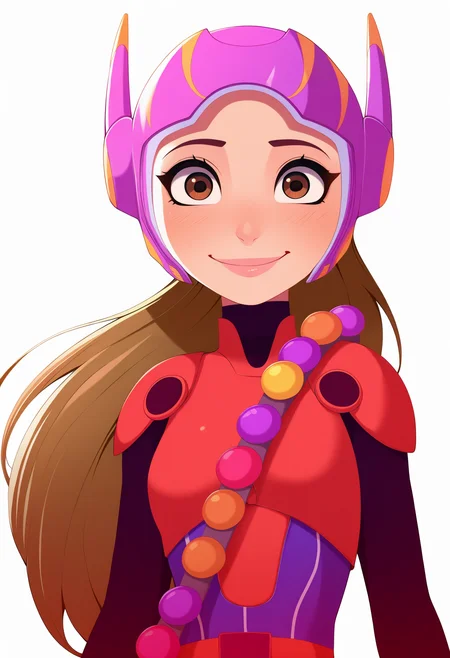 best quality, amazing quality, very aesthetic, absurdres, thick lineart,
1girl, hlhero, brown eyes, brown hair, long hair, 
helmet, pink bodysuit, superhero,
upper body,
smile, looking at viewer, solo, simple background, white background,   <lora:HoneyLemonNoobXL_byKonan:1>
