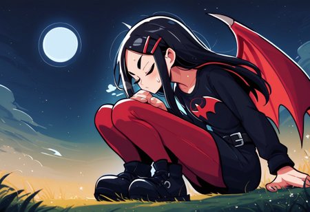 score_9, score_8_up, score_7_up, score_6_up, score_5_up, score_4_up, prngs,
BREAK,
Sickle_20s, black tunic, (bat logo), belt, red stockings, black shoes, long hair, black hair, hair clip, (wings), eyes closed, kneeling, hand on chest, breath, sweat, low angle shot, 
BREAK,
clouds, night, glowing moon, stars, grass, field