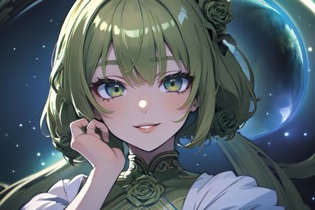 (masterpiece:1.4), 4K8K, (anime style), (high shutterspeed:1.4), (sharp edges), 
SyFyEye1, FanFo, 
1woman  hands togather,  leaning foward, face focus, smile, closed mouth, 
wearing Celtic style dress, (Detailed face, Detailed eyes, Detailed lips), (solo), 
olive hair, any colored roses, Fantastic, turf, planet,