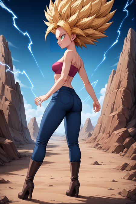 score_9, score_8_up, score_7_up, score_6_up,
<lora:Caulifla:1> c4ul1fl4, 1girl, solo, blonde hair, green eyes, spiked hair, big hair,
super saiyan, aura, power aura, golden aura, electricity
tube top, tight jeans, 
<lora:cl-thighboots:0.2>, leather boots, platform boots, thigh boots, high heels, (zipper:0.9),
medium breasts, from behind, ass, looking away, standing, evil smile, skinny body, thin body,
wasteland, desert background,