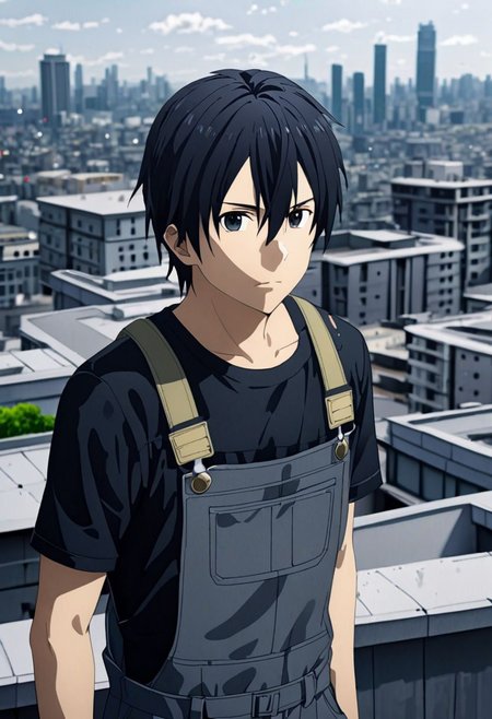 high resolution, professional photography, best quality, 1Boy, Kirigaya Kazuto, Black Hair, Black Eyes, overalldetail, high-rise, roof top, top of building, strong wind, portrait, standing, building, landscape, depth of field