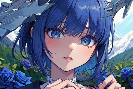 (masterpiece:1.4), 4K8K, (anime style), (high shutterspeed:1.4), (sharp edges), 
plants niji style,
flower rose, 1 woman prey with hands togather, neeling, leaning foward, 
wearing Celtic style dress, (Detailed face, Detailed eyes), 
im lapis lazuli colored roses, Alps in the background,