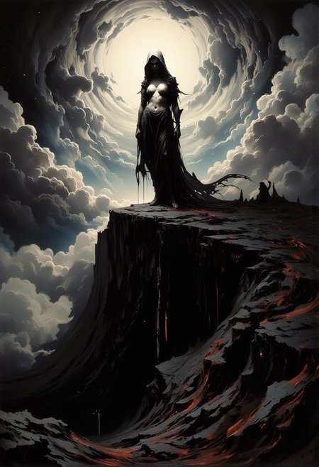 An oil painting depicting a beautiful pain,in which bold,aggressive strokes of acrylic paint emerge from deep shadow,creating a dynamic interplay of light and darkness.The thick application of acrylic paint forms a textured surface,enhancing the sense of depth and dimensionality.Applied in a parallax style,the acrylic paint fluctuates with changes in perspective,revealing rich halftones and subtle variations in hue.This dramatic composition invites exploration,with swirling shapes and jagged edges that evoke a sense of movement and chaos,transforming the canvas into an immersive experience of visceral energy.creating an abstract image of a painted female,breasts in hearts,very dramatic lighting,glare in the light,Mixed media,combining charcoal,and watercolor on a large,torn canvas.A haunting,surreal landscape depicting:A solitary figure standing at the edge of a vast,dark abyss.figure's face is obscured by a hood,their body is fragmented,with pieces missing.abyss is filled with swirling,ethereal clouds and distant,flickering stars.Symbolism:represents the search for identity and self-discovery.abyss symbolizes the unknown,subconscious,and the fears that lie within.fragmented body signifies the struggle to find wholeness and unity.faint,glowing thread connects the figure's heart to a distant hole.canvas's torn edges