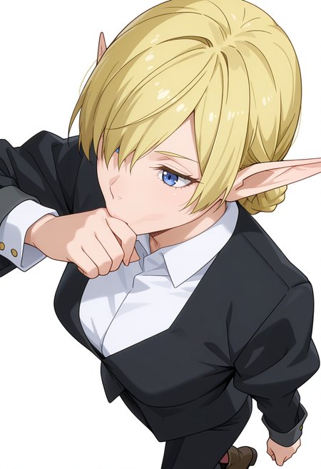 Smooth Quality,masterpiece,very intricate, high quality details, ultra realistic, high detailed skin,detailed enviorement,absurdres, 
simple background, white background, 
from above,dancing,
:>=,solo, 
 <lora:Kagali_cnn:0.8> 1girl, short hair, blonde hair, blue eyes, pointy ears, braid, hair over one eye, elf,suit, white shirt, formal, long sleeves,  pants, boots,