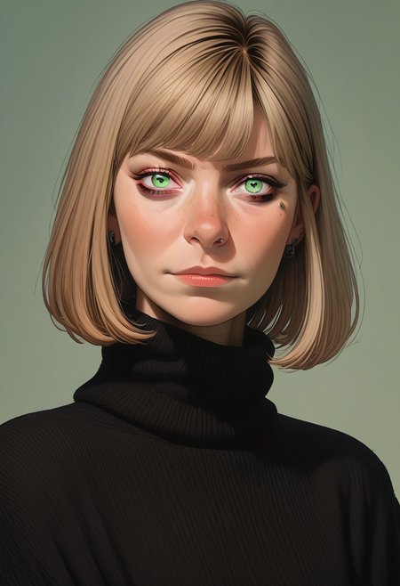 1girl, belatricepamford, pretty face, freckles, manic pixie, light hair, goth makeup, sweater, nose, seductive, 
FOV medium shot, 
simple pastel green background,
score_9,score_8_up