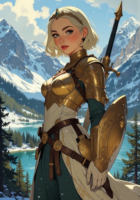 Anime art, Full-length, gorgeous fantasy blonde, naturally straight short platinum hair, tiara, tight golden armor, standing on a hill. Full, high breasts, tight waist, round thighs, blue eyes, no blush. Backdrop of fantasy highlands in winter, bright and cold winter colors, icy lakes and wooded areas, mixture of evergreen and deciduous, pixie hairstyle, diffused lighting, determined facial expression, intricate armor details. Sword and Shield on back.<lora:aidmaMJ6.1_v0.5_3:0.5>,  <lora:Anime Art V3_Flux:0.5>
