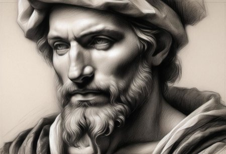 (masterpiece), 
Black and white Renaissance drawing of a mid-age man, short beard,
Black and white tones,
HDR, highly detailed, 32k, 
looking at viewer, Style-Renaissance