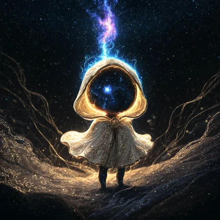 smooth quality, bioluminescent, glowing, masterpiece, best quality, highly detailed, realistic, realism, dynamic lighting,  chibi, enigmatic cosmic being, ethereal presence, glowing celestial eyes, void-like face filled with swirling galaxies, intricate golden embroidery on tattered hooded cloak, flowing mystical fabric, otherworldly energy, standing in a dreamlike meadow, soft cosmic illumination, vibrant nebula sky, painterly realism, cinematic lighting, ultra-detailed textures, surreal fantasy atmosphere, floating cosmic dust, mystical depth of field, glowing aura, celestial elegance, ancient and powerful essence. <lora:add-detail-xl:2>  <lora:biolum:1>