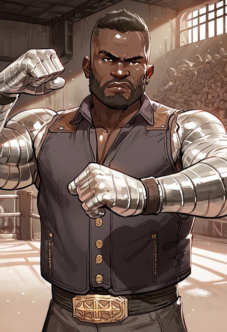 (perfect face:1.4),  1 male, high quality, high detail, perfect eyes, (close up:1.3), (light particles:0.6), masterpiece, (indoors:1.5), fighting stance, serious face,fighting arena, (boxing ring:1.2),
JaxBriggs, dark-skinned male, metal arms, beard, vest, male, muscular male, (fight stance:1.5), (upper body shot:1.5),
 (skin detail:1.3), (shadows:1.5),  muscular calves, 
BREAK score_9, score_8_up, score_7_up, score_6_up, source_cartoon, rating_explicit