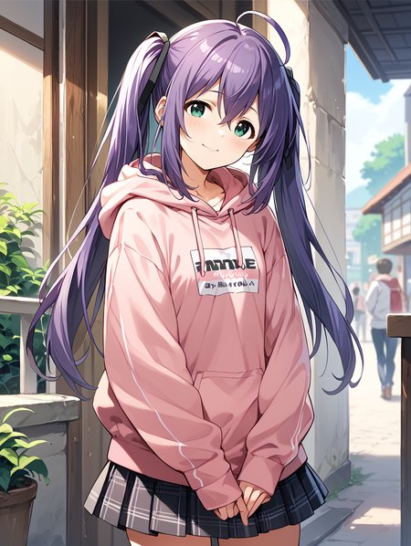 score_9,score_8_up,score_7_up,
official art,official style,game cg,megami magazine,
uncensored,
1girl,solo,
mochizuki anna,purple hair,green eyes,ahoge,long hair, twintails,
pink hoodie,skirt,hoodie,skirt,
<lora:idolmaster_mochizuki_anna_pony_v1.1-000006:1>,