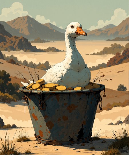 A whimsical and surreal composition of a pure white goose sitting inside a rustic, metallic bucket. The bucket is filled with golden treasures, such as coins and bars, shining brightly against the muted, sandy landscape in the background. The setting is serene and barren, with rolling hills blurred in the distance under a soft, overcast sky. The goose appears calm and regal, with its long neck elegantly extended, contrasting the simplicity of its surroundings. The warm tones of the sand and bucket complement the soft white feathers of the goose, creating a visually balanced and charming scene. A hint of fairy-tale magic and curiosity pervades the atmosphere, as if the scene belongs to a modern fable.
<lora:Anime v1.3:1.2> <lora:Blue_Future:0.9> <lora:Ethereal_Brush_Anime_v1.0:0.6>