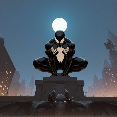 <lora:SPIDERMAN_CBS:1> spiderman_cbs, solo, 1boy, male focus, outdoors, sky, muscular, mask, bodysuit, night, muscular male, squatting, moon, cross, building, night sky, full moon, black bodysuit, white eyes, no pupils, superhero, black skin, statue, moonlight, city, from below, gargoyle, detailed background, motion blur, film grain, abstract, natural lighting, fantasy, cinematic, dynamic view, tilted angle, very awa, masterpiece, best quality, absurdres, newest, perfect quality, detailed background, intricate details,  (artist:fl \(l-fl\):0.7), (artist:tooboshoo:0.7), (artist:dizdoodz:0.8)