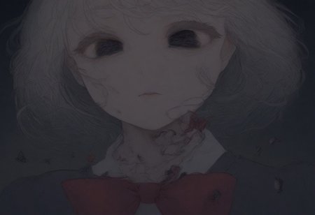 black background, night, broken hearts, 1girl, closeup, black, dull eyes, looking at the viewer, bright red bow on the neck, easynegative, detailed, beautiful, dark.