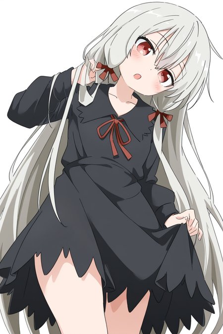 masterpiece, best quality, amazing quality,
 <lora:Cynical_IL:1> cynical, 1girl, solo, long hair, dress, black dress, grey hair, ribbon, white background, tress ribbon, long sleeves, looking at viewer, hair ribbon, collared dress, red eyes, bangs, :o, hair between eyes, holding, very long hair, open mouth, blush, simple background, collarbone, red ribbon, head tilt