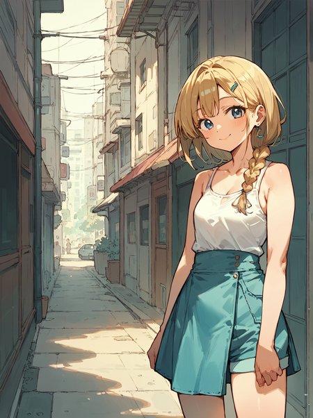 score_8_up, score_7_up, score_6_up, source_anime, 1girl, solo, outdoors, street
smile, 
half-skirt, shorts  <lora:Half-Skirt_with_Shorts:1>
white tank top