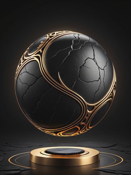 Illustration, mysterious floating black stone with golden carvings, circular lines,  <lora:add-detail-xl:1>