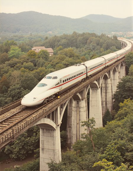 OldJapan style photo of a shinkansen driving over a large bridge