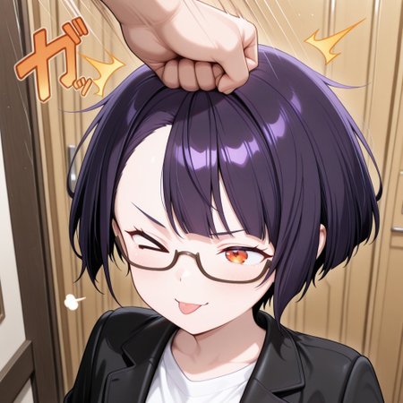 masterpiece, newest, best quality, anime coloring,
1girl, genkotsu, hitting ^^^, speed lines, motion lines,, (Nias Carlin), orange eyes, purple hair, short hair, asymmetrical bangs, semi-rimless eyewear BREAK black jacket, white shirt, tehepero, ;p, > o, closed mouth, one eye closed, tongue out