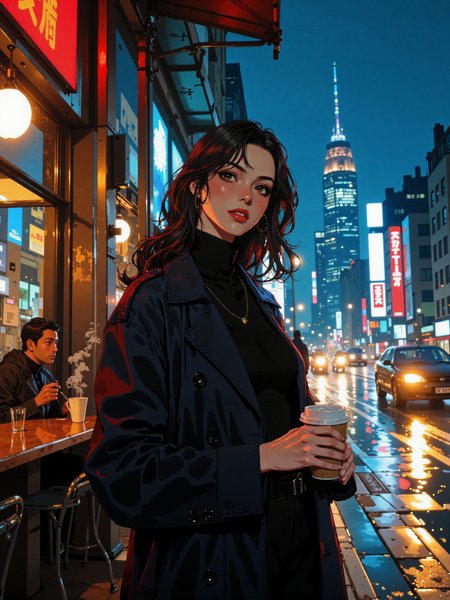 A stunning woman stands poised on a rain-slicked city street at night, illuminated by the soft glow of distant streetlights and headlights from passing cars. She exudes effortless confidence, her long trench coat draped over her shoulders, cinched at the waist, emphasizing her striking silhouette. Underneath, she wears a form-fitting turtleneck and high-waisted trousers, perfectly tailored for a modern, refined look.

Her sharp jawline and high cheekbones catch the light, while her deep brown eyes, lined with subtle smoky makeup, hold an intense, unreadable expression. Her full lips, painted a muted red, part slightly as if caught in a moment of thought. Her long, wavy hair cascades down her back, slightly tousled from the evening breeze. A delicate gold chain peeks from beneath her collar, glinting softly.

She stands near a dimly lit café, steam rising from a coffee cup in her hand, the blurred motion of pedestrians and neon signs reflecting in the wet pavement. Behind her, the distant city skyline glows under a vast, deep blue sky, giving the scene a feeling of solitude yet quiet power. Her posture is relaxed yet commanding—an urban muse in her own world, lost in the rhythm of the city.

Ultra-high-resolution, 8K, hyper-detailed, cinematic full-body portrait, dramatic moody lighting, urban fashion aesthetic, rain-slicked streets, high-contrast realism, warm city glow, deep blue night tones, soft depth of field, rule of thirds, elegant and confident, masterful digital painting.