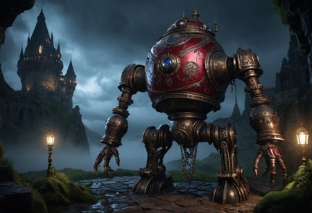 giant bipedal robot red blue stripes copper iron and bronze silver paisley robot. lacy robot metal bell jar head. outside of a steampunk keep. large detailed torso. dark image. one forty foot tall ancient robot with great arms and two heavy spring legs. dark foggy night background. $dark foggy night image only. dark photo realistic image. steampunk details. cogs, chains and pipes incorporated in the fantasy buildings.  magic wizards tower in background. Dark swamp, moss, castle ruins, wizards tower. stormy dark night. evil steam carriage running