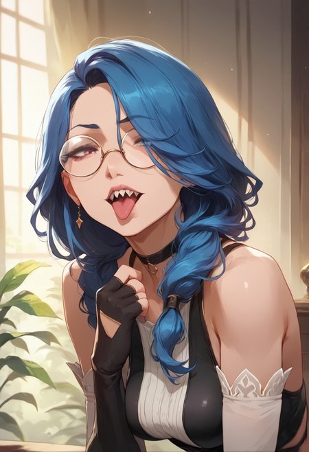 score_9, score_8_up, score_8, 1girl, solo, long hair, breasts, looking at viewer, large breasts, gloves, bare shoulders, blue hair, round glasses, teeth, choker, tongue, black gloves, elbow gloves, tongue out, fingerless gloves, hair over one eye, sharp teeth, half closed eyes