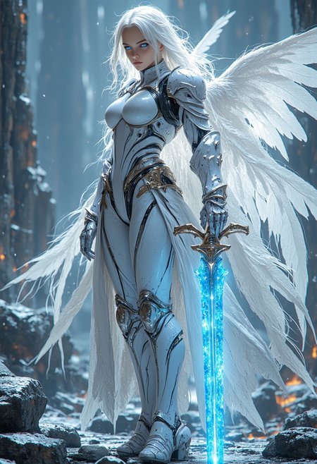 divine korean girl, very long white hair, looking down from a rooftop, futuristic, scifi bodysuit, glossy, delicate frame, angelic appearance, legs, armor, cyborg, deus ex human revolution, perfect body, silver and blue glow, low angle, holding a blue glowing sword in an attacking pose, hkwarrior, mythp0rt, super realistic and detaild