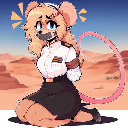 score_9_up, score_8_up, score_7_up, score_6_up, furry female, full-length portrait, by remanedur, ela novabay, female, furry, mouse, blue eyes, blonde hair, long hair, tail, white gloves, desert, headwear, (headgear), high heels, looking at viewer, hairclip, white naval uniform, (solo), three-quarter view, head tilt, tape gag, hands behind back, crying, tears, shocked, white clothing,   <lora:Leah_Pines(AIM)_XL_v1:1>,  <lora:PDXL_artist_tags_v2_big:0.8> <lora:The-Minuscule-Task_PDXL_v1.0:0.8> <lora:Ela_Novabay_WirelessShiba:0.15>