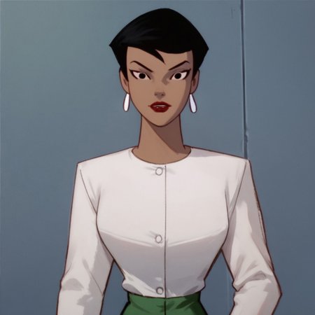 score_9, score_8_up, score_7_up, 1girl, solo, lipstick, black hair, short hair, black eyes, dark skin, white jacket, green pencil skirt, earrings, Angela Chen (dc), looking at viewer