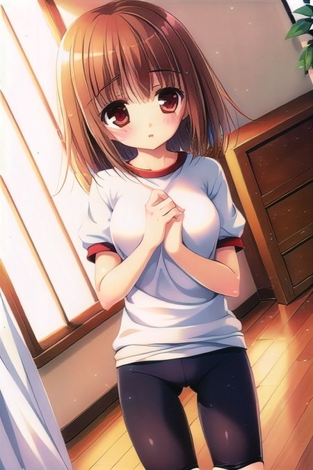 (1girl), masterpiece, best quality, absurdres, cute, extremely detailed face, perfect lighting, (bedroom), kashii airi, short hair, brown hair, gym uniform, bike shorts,  <lora:kashii_airi:0.8>,