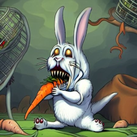 a monster rabit eating a lage screaming carrot in a cage  <lora:rob_sheridan_drawing_style:1>