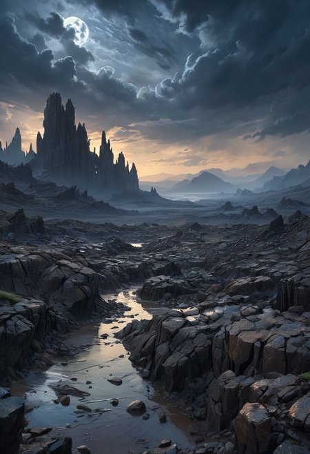 masterpiece, 8k, UHD, best quality, high res, amazing quality, 
soft painting, absurdres,
exciting, intriguing, magnificent, mind-blowing,
black, rocky wasteland under a low, leaden sky, night, darkness around, no human, primal world, no lights, 
awesome background, 
high detailed, intricate,
linquivera, liiv1