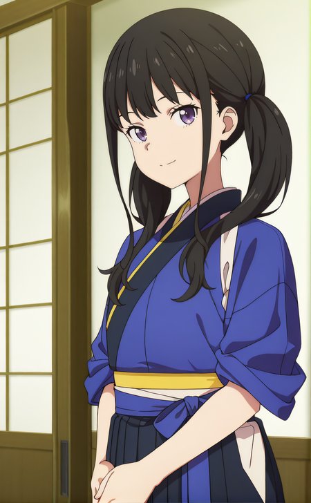 masterpiece, best quality, highres, newest, 1girl, solo, official style, anime screencap, <lora:Inuoe_Takina:1>, takina, black hair, twintails, purple eyes, japanese clothes, rolled up sleeves, indoor, looking at viewer, expressionless, smile, own hands together