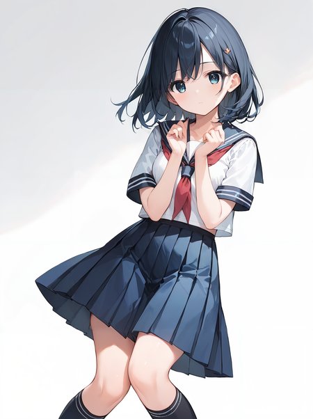 score_9, score_8_up, score_7_up,source_anime, high res image,masterpiece,best quality,(girl:1.0),cute face,clear skin,shiny hair,ultra detailed eyes,simple background, <lora:pigeon-toed_pony_V1.0:0.8>  (pigeon-toed:1.2),serafuku,blush,standing,socks,hands up