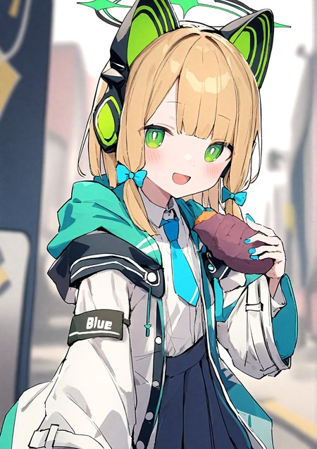 1girl,
midori \(blue archive\), blue archive,
aiamu iamu,
holding food, holding, hooded jacket, food, sidelocks, :d, collared shirt, blurry, long sleeves, puffy sleeves, headphones, blue bow, hand up, necktie, upper body, halo, looking at viewer, jacket, sleeves past wrists, blush, nail polish, blue necktie, animal ear headphones, blurry background, blonde hair, shirt, green eyes, hood down, open clothes, depth of field, hood, smile, white jacket, fake animal ears, bow, puffy long sleeves, open jacket, solo, dress shirt, animal ears, white shirt, blue nails, hair bow, long hair, drawstring, sweet potato,
masterpiece, best quality, absurdres, highres, safe
  <lora:aiamu_iamu_image45_2024-03-28_a31-000040:1>