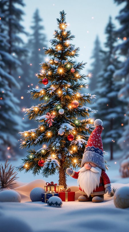 Cgi- New Year tree, next to it Scandinavian Christmas gnome in Kaws style, glowing elements, gradient background winter forest, Unreal Engine, Octane render