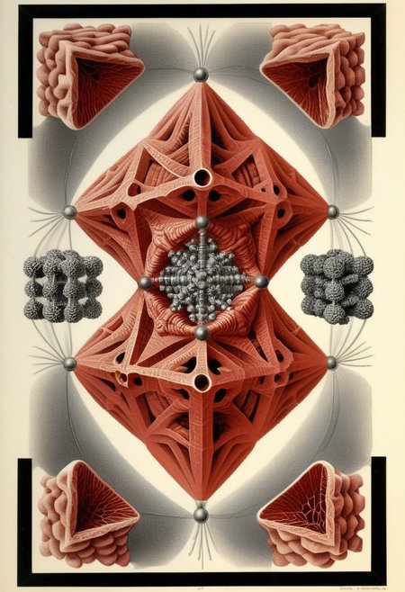Etching by Maurits Escher and Ernst Haeckel: Beeswax Sierpiński gasket intersecting a soap_film bubble_Mandelbrot set intersecting an aerogel 25th level Menger cube interwoven with titanium wire chewed by dermestids from carpets at Middlesex U. Encased in a lucite tesseract with red coral-like vitreous filament inclusions.