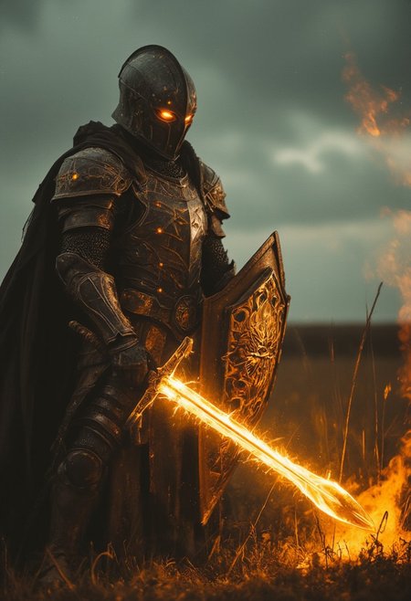 Closeup of a Action Scene shot of a  towering warforged hkstyle knight with Long billowing cape in the heat of an intense, action-packed battle, captured with the gritty realism of an old analog camera. The hkstyle knight's intricately designed, battle-worn helmet emits glowing amber eyes and  reflects the  glow of his weapon—an arcane sword. The blade crackles with golden energy, gathering  at its tip,  The energy radiates along the length of the blade, casting a  glow that illuminates the knight’s helmet and armor, creating stark contrasts between light and deep shadows.
In his other hand, the knight wields an impressive  shield, adorned with the iconic symbol of an elder god. The shield emanates a sense of awe as if imbued with divine magic, adding to the overall awe of his presence. The glow from the sword throws the intricate details of the shield into sharp relief, casting long shadows that flicker across the Long Plains scenery battlefield amidst grasslands