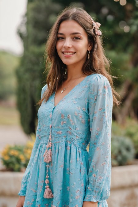 cowboy shot of a beautiful Italian woman, irresistible, ideal face, smiling, detailed face, wearing blue boho dress, standing outdoor, (casual:1.2), pale skin, blush, detailed skin, innocent, natural lighting, film grain, retro, (bokeh:1.3), Porta 160 color, shot on ARRI ALEXA 65, sharp focus on subject, extremely detailed, Fujifilm XT-3, <lora:picxer_real:0.8>, <lora:btbohdr:0.7>,
