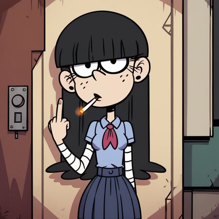 score_9, score_8_up, score_7_up, 1girl, solo, Maggie, black hair, long hair, blunt bangs, black eyes, freckles, eyeliner, earrings, small breasts, narrow waist, wide hips, looking at viewer, middle finger, leaning back, against wall, alley, school uniform, smoking, highres, high quality, masterpiece, <lora:Maggie:0.8>