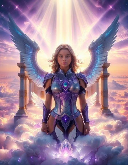 <lora:sky_t3mpl3:1>,cowboy shot,(looking at viewer:1.6),
A fierce warrior angel standing on clouds in front of a majestic celestial sky temple,sky t3mpl3.(arms behind back:1.3), She wears futuristic, sleek black armor with purple accents, blending fantasy and sci-fi elements. Her armor is adorned with glowing, purple gemstones at her chest and shoulders, radiating a soft light that matches the ethereal surroundings. Large, metallic angel wings with a high-tech design extend from her back, with white feathers and metallic frames, combining elegance with strength. She looks directly at the photographer with an intense, focused gaze, creating a powerful connection with the viewer. Behind her, the grand temple is made of gleaming, white stone and crystal pillars, floating among the clouds, illuminated by soft rays of heavenly light. The sky is filled with a soft pink and purple glow, casting a serene yet powerful atmosphere around this divine guardian.<lora:SDXLFaeTastic2400:0.4> <lora:extremely_detailed:0.4> extremely detailed,, Masterpiece,best quality,hi res,8k,hi res,8k,award winning,(sharp focus, intricate, highly detailed),
