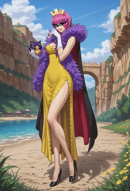 KinderellaOP, 1girl, solo, tall woman, pink purple hair, bangs, bob cut, black eyes, lips, red lipstick, evil grin, crown, large breast, long yellow dress,  cleavage, dress with cutout, dark cape, wide hips, long light-colored gloves, eye-mask, shoes, purple feathered boa,
seductive pose, sexy pose, tease, 
masterpiece, best quality, ultra-detailed, very aesthetic, detailed background, very aesthetic, newest, scenery, highres, 4k, absurdres, 8k, colorful,vibrant, glowing, perfect face, 2d, perfect eyes, detailed eyes, 
 masterpiece, best quality, ultra-detailed, very aesthetic, newest, scenery, absurdres, perfect anatomy, , perfect face, perfect eyes, mature body, clear eyes, beautiful eyes, athletic, curvy body, athletic girl, perky tits, perfect tits, round breasts, nipple outline, pinup pose, teasing, lustful expression,
muscular female,   dutch angle, 
Smooth Negative, uncensored,EyesHD,