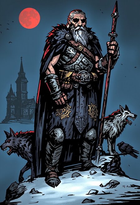 inked comic illustration in dd artstyle, (Odin), (scandinavian god), one-eyed, pale skin, very tall and old warrior with one dark empty eye in detailed viking armour with intricate runic gravings and black fur cloak, holding spear, long dark gray hair, standing accompanied with two wolves and two ravens, snowy background, moonlight casting shadows, blood moon and pagan scandinavian church at background, rocky ground, natural lighting, epic shot, dutch angle