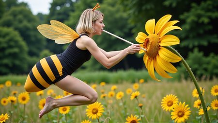 cinematic photo a (25 year old girl:1.5), she has huge bee wings attached to her back and bee antennae attached to her head, she's wearing a( black and yellow:1.2) horizontally striped figure hugging lycra minidress, the dress has a human sized (fuzzy bee abdomen attached sticking out at the butt:1.3)
she has blonde hair in a bob cut, she has a slim figure and long legs, she has medium sized breasts
she's hovering in midair in front of a enormous flower, the flower is bigger than the girl, ready to drink it's nectar through a long straw, the straw is held in her hand with the end (stuck into the flower:1.3)
she's in a meadow of enormous wild flowers,, score_9, score_8_up, score_7_up, hyperdetailed, hyperrealistic,  best quality, (masterpiece:1.3),high-definition, intricate details, volumetric lighting, symmetrical face, level eyes, . 35mm photograph, film, bokeh, professional, 4k, highly detailed