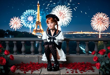 girl, light brown long wavy hair, hair in two braids, black hair ribbons, choker, sitting, night, eiffel tower, landscape, full length, hands on knees, red roses, petals, fireworks, beret, black hat, gray dress, sailor collar, sailor collar with frills, short sleeves, puff sleeves, mini dress, frill dress, black gloves, elbow-length gloves, black tights, polka dot tights, black shoes, mary jane shoes, flat shoes, platform shoes