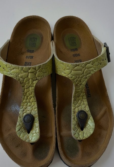 still_life, no_humans, simple_background, white_background, gizeh, gizehunworn, close-up, footwear_focus, patterned, orange-green-red, worn_shoes, worn_insoles, smelly_shoes