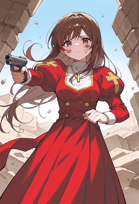 1girl, long hair, brown hair, sidelocks, brown eyes, Low-Tied Long Hair, long skirt, red dress, juliet sleeves, long sleeves, necklace, cross, torn clothes, sad, wind, outdoors, ruins, desert, sweat, wind, dirty, dirty face, torn clothes, holding gun, aiming at viewer, medium breasts, <lora:Erica_Fontaine:1>, score_9, score_8_up, score_7_up, score_6_up, score_5_up, score_4_up, BREAK source_anime, masterpiece
