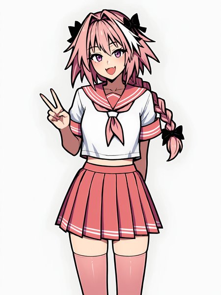 score_9, score_8_up, score_7_up, score_6_up, score_5_up, score_4_up, rating_safe
BREAK
astolfo \(fate\), otoko no ko, pink hair, braid,
BREAK
solo, standing, pink serafuku, white shirt, pink thighhighs, pink skirt, peace sign,
BREAK
white background, <lora:Lunas-AkaiRiot-SDXL-A1:1>