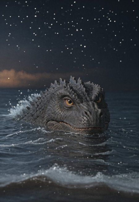 score_9, score_8_up, score_7_up, solo, portrait, giant dinosaur reptilian monster Godzilla, realistic scales, detailed scale texture, solo, outdoors, head surfacing from the ocean, partially submerged, wading through the water, solo, extremely detailed, Macro detailed realism style photograph, 3DMM