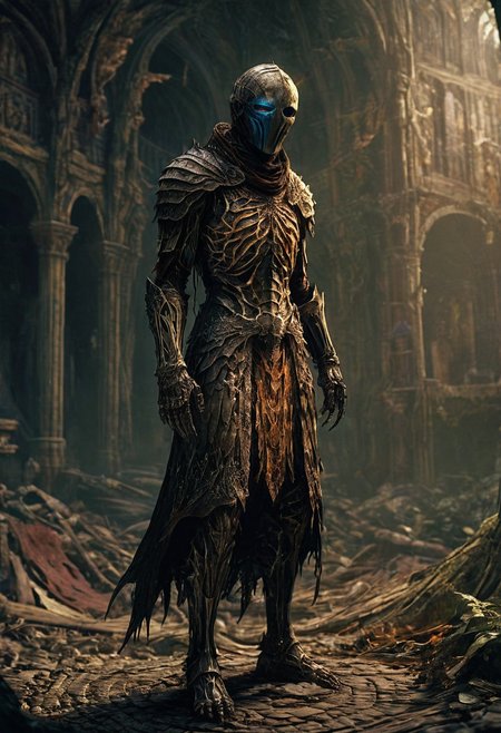 Dark Souls, full-body, digital illustration of a character in the style of darkness, in-game Pathologic 2, Dark Souls concept art, trending on ArtStation, ArtStation HD, natural lighting, volumetric lighting maximalist. intricately detailed, complex, elegant, expansive, fantastical, film photography style,  heavy grain, FRESHIDESH Moebius comic book